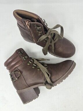 MIA Girl Brown Leather Lace Up Block Heel Combat Boots Girls Size 3M